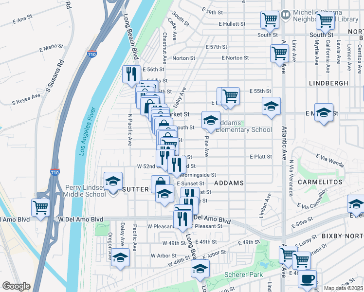 map of restaurants, bars, coffee shops, grocery stores, and more near 81 E Mountain View St in Long Beach