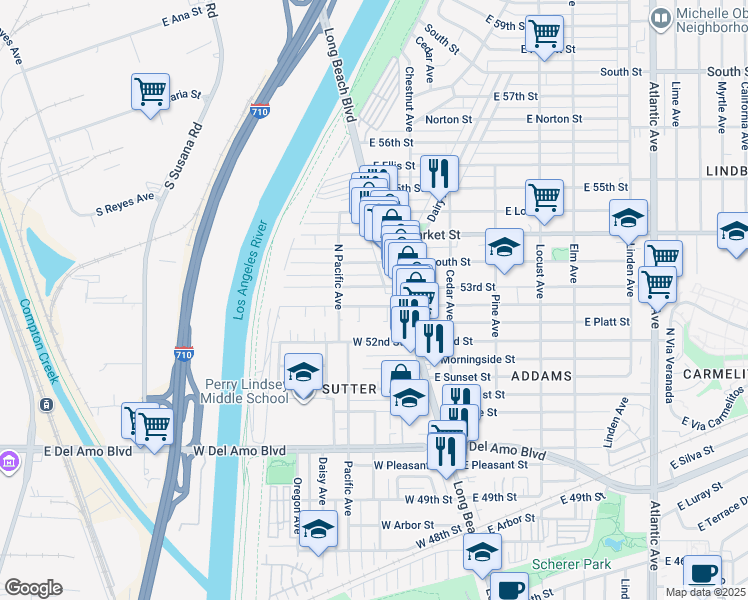 map of restaurants, bars, coffee shops, grocery stores, and more near 27 W Mountain View St in Long Beach