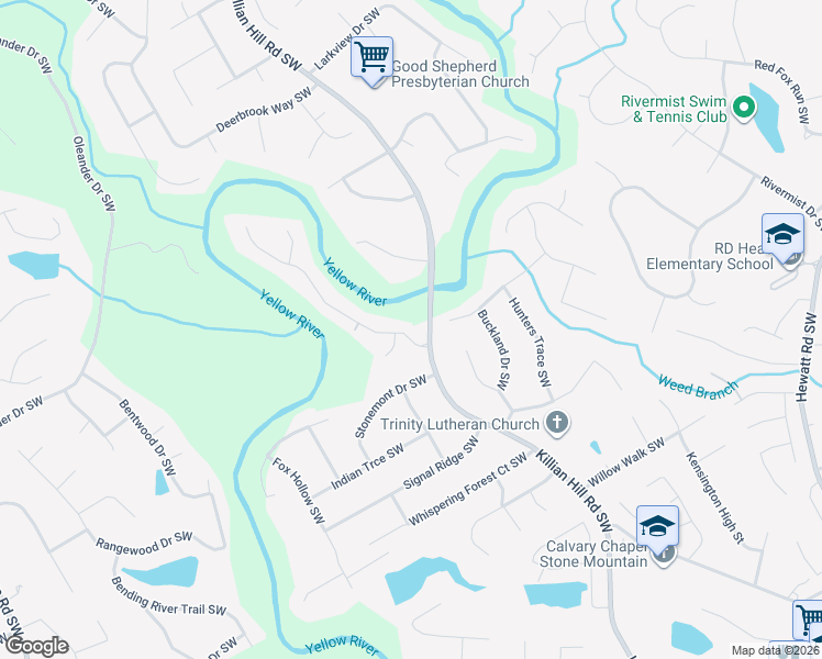 map of restaurants, bars, coffee shops, grocery stores, and more near 4005 Runnymede Drive Southwest in Lilburn