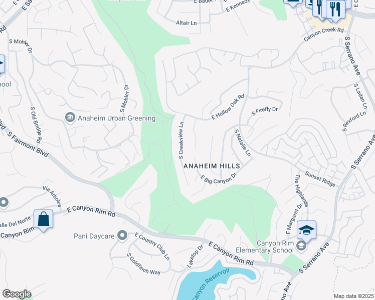 map of restaurants, bars, coffee shops, grocery stores, and more near 968 South Creekview Lane in Anaheim