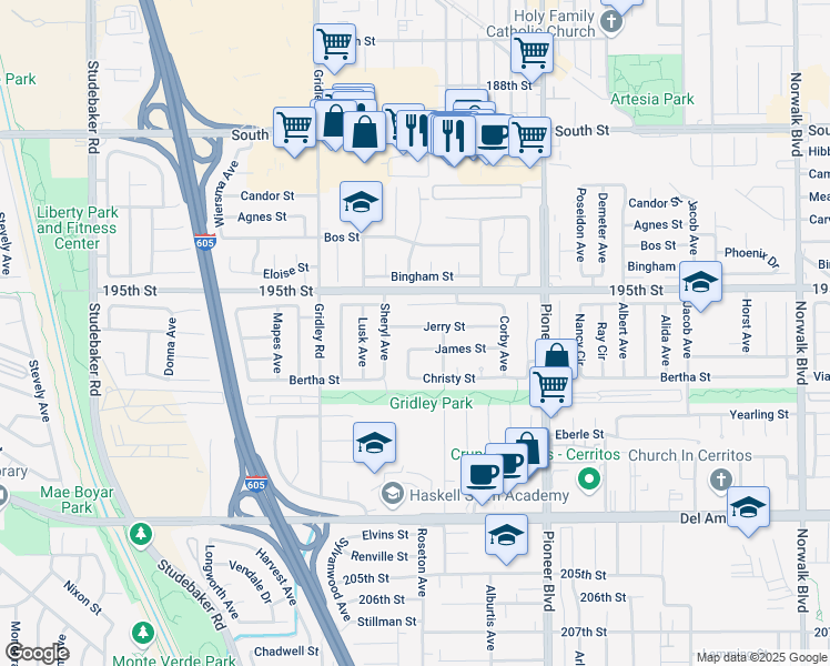 map of restaurants, bars, coffee shops, grocery stores, and more near 11544 Jerry Street in Cerritos