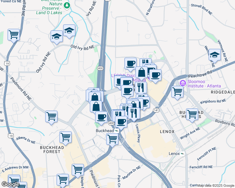 map of restaurants, bars, coffee shops, grocery stores, and more near 3550 Alliance Center Drive Northeast in Atlanta