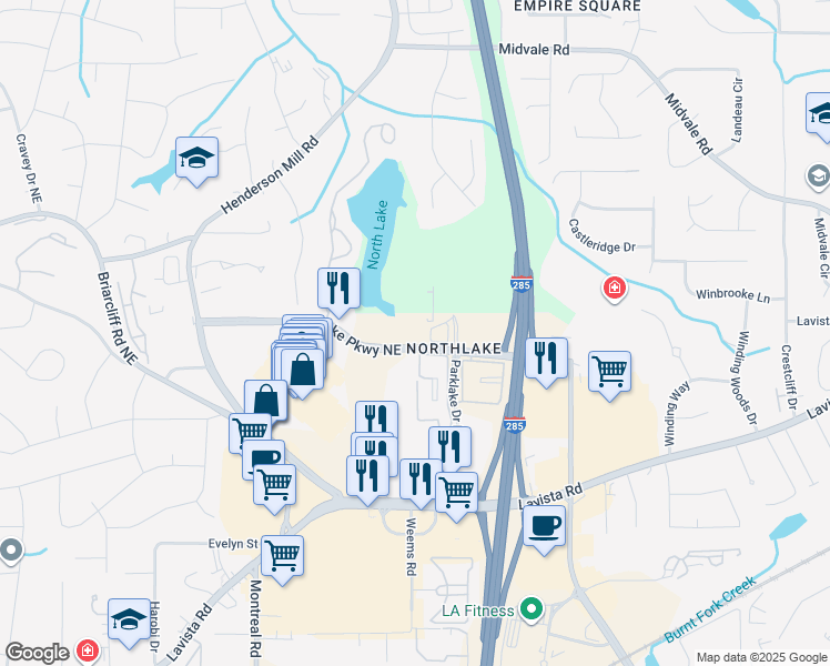 map of restaurants, bars, coffee shops, grocery stores, and more near 3350 Northlake Parkway Northeast in Atlanta