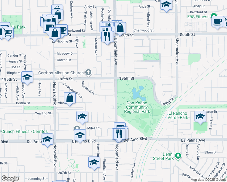 map of restaurants, bars, coffee shops, grocery stores, and more near 12558 Corellian Court in Cerritos