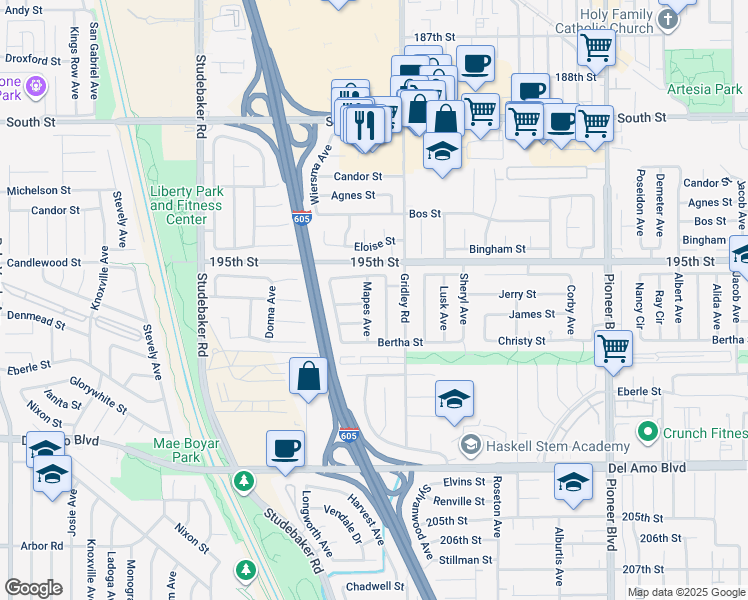 map of restaurants, bars, coffee shops, grocery stores, and more near 19628 Mapes Avenue in Cerritos