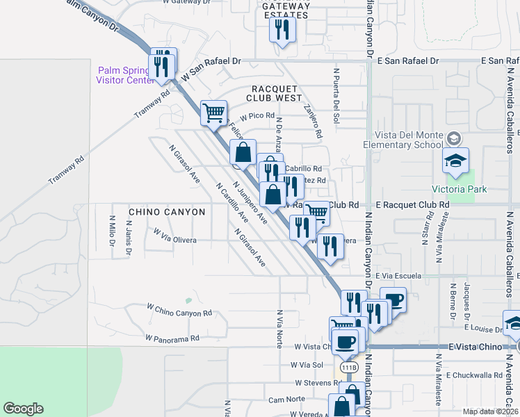 map of restaurants, bars, coffee shops, grocery stores, and more near 2481 North Junipero Avenue in Palm Springs
