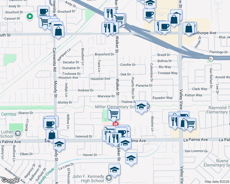 map of restaurants, bars, coffee shops, grocery stores, and more near 5578 Ozawa Circle in La Palma