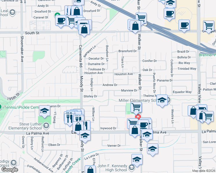 map of restaurants, bars, coffee shops, grocery stores, and more near 5212 Andrew Drive in La Palma