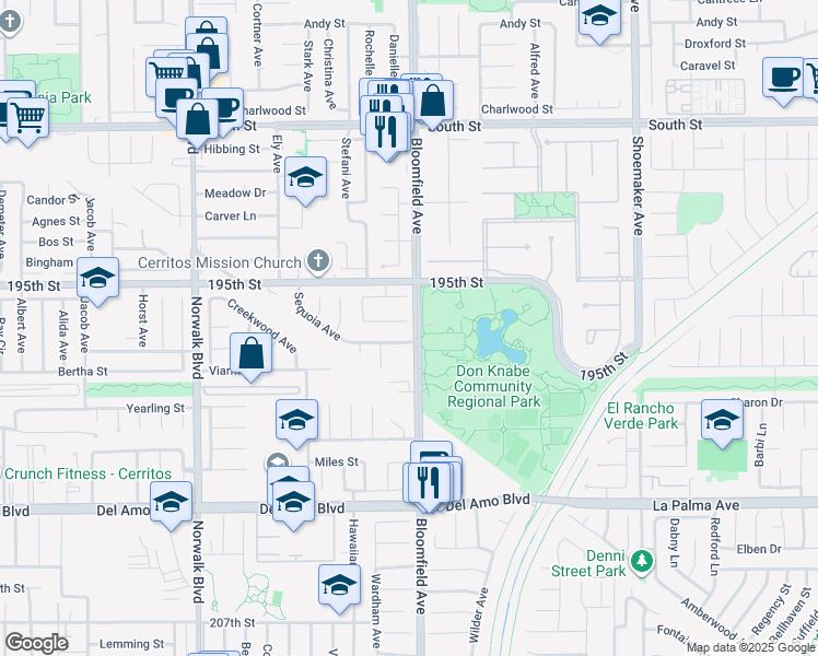 map of restaurants, bars, coffee shops, grocery stores, and more near 12558 Corellian Court in Cerritos
