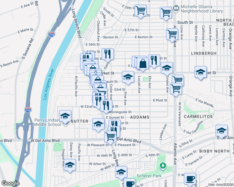 map of restaurants, bars, coffee shops, grocery stores, and more near 149 East Mountain View Street in Long Beach