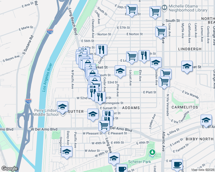 map of restaurants, bars, coffee shops, grocery stores, and more near 81 East Mountain View Street in Long Beach