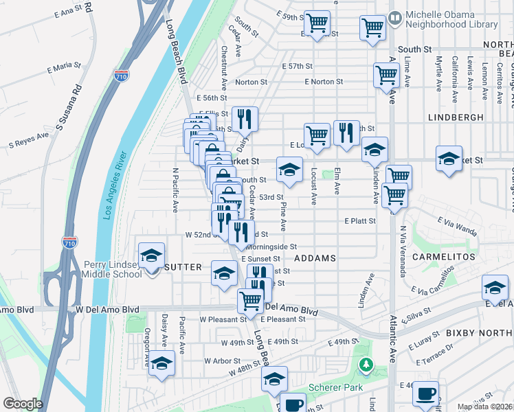 map of restaurants, bars, coffee shops, grocery stores, and more near 81 East Mountain View Street in Long Beach