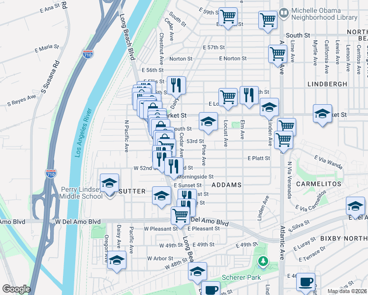map of restaurants, bars, coffee shops, grocery stores, and more near 81 East Mountain View Street in Long Beach