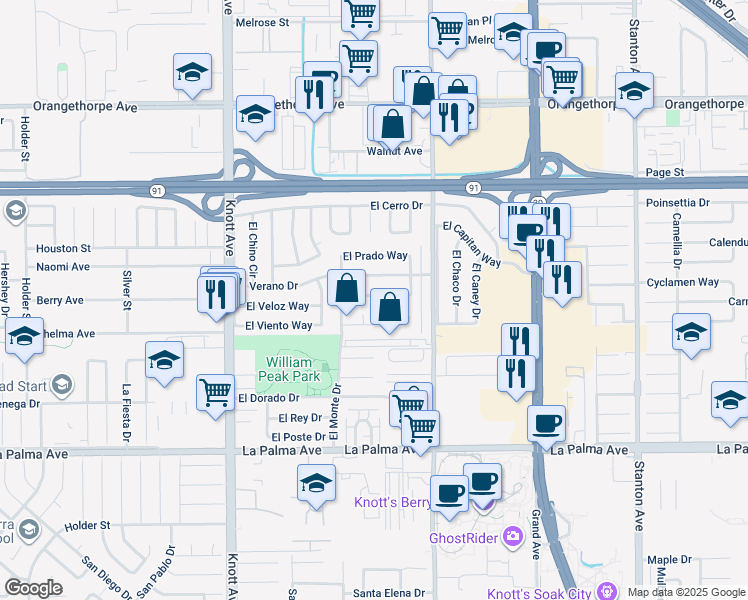 map of restaurants, bars, coffee shops, grocery stores, and more near 7354 El Tomaso Way in Buena Park