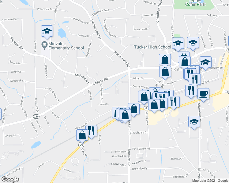 map of restaurants, bars, coffee shops, grocery stores, and more near 3970 Chelsea Common in Tucker
