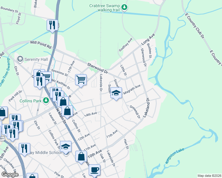 map of restaurants, bars, coffee shops, grocery stores, and more near 304 Snider Street in Conway