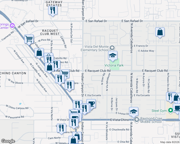 map of restaurants, bars, coffee shops, grocery stores, and more near 301 East Racquet Club Road in Palm Springs
