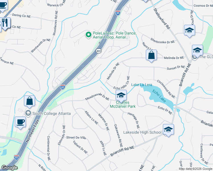 map of restaurants, bars, coffee shops, grocery stores, and more near 2273 Melinda Drive Northeast in Atlanta