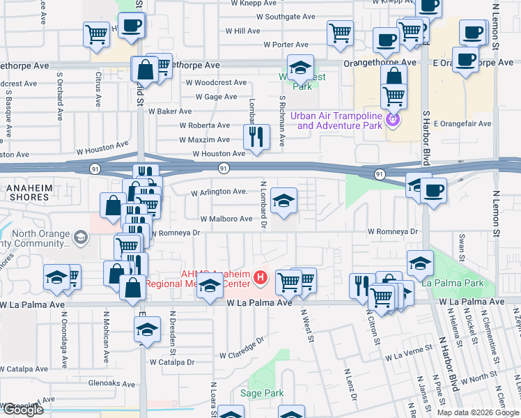 map of restaurants, bars, coffee shops, grocery stores, and more near 1202 West Brewster Avenue in Anaheim
