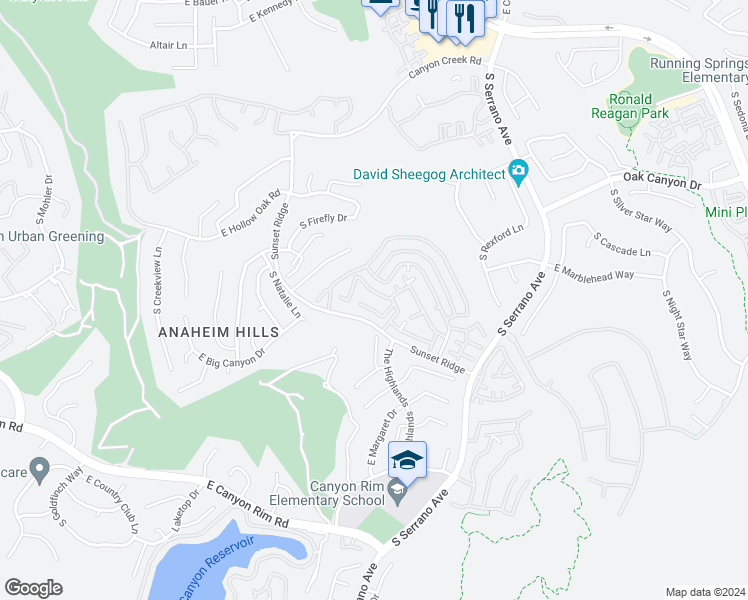 map of restaurants, bars, coffee shops, grocery stores, and more near 7754 East Portofino Avenue in Anaheim