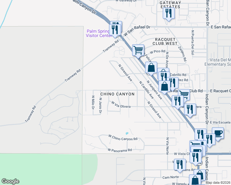map of restaurants, bars, coffee shops, grocery stores, and more near 2495 North Palermo Drive in Palm Springs