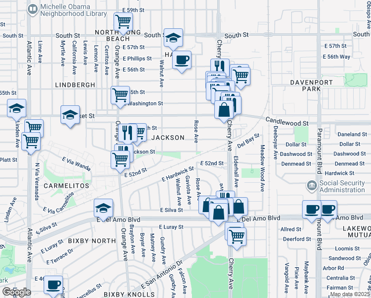map of restaurants, bars, coffee shops, grocery stores, and more near 1693 East Jackson Street in Long Beach