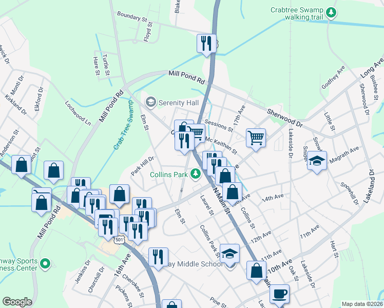 map of restaurants, bars, coffee shops, grocery stores, and more near 1717 North Main Street in Conway