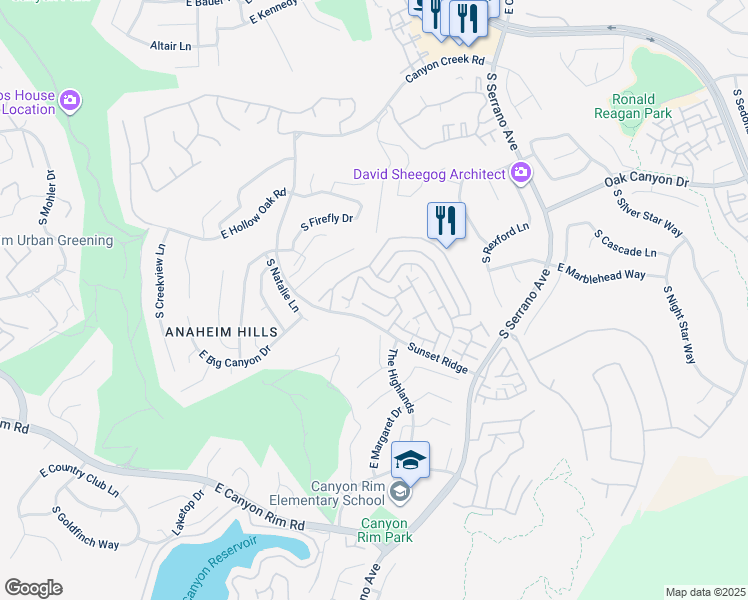 map of restaurants, bars, coffee shops, grocery stores, and more near 7741 East Portofino Avenue in Anaheim