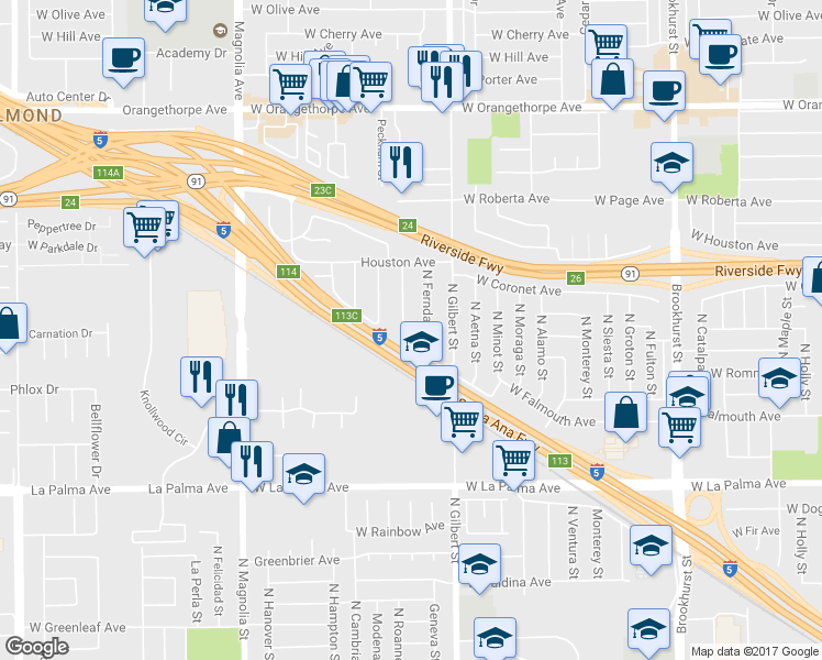 map of restaurants, bars, coffee shops, grocery stores, and more near 1304 North Devonshire Road in Anaheim