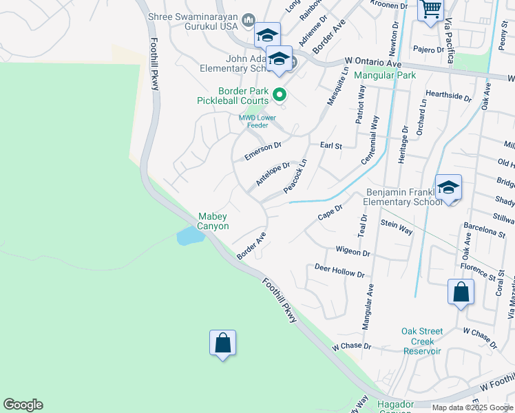 map of restaurants, bars, coffee shops, grocery stores, and more near 2632 Border Avenue in Corona