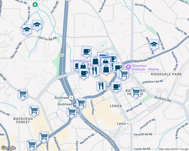 map of restaurants, bars, coffee shops, grocery stores, and more near 3424 Peachtree Road in Atlanta