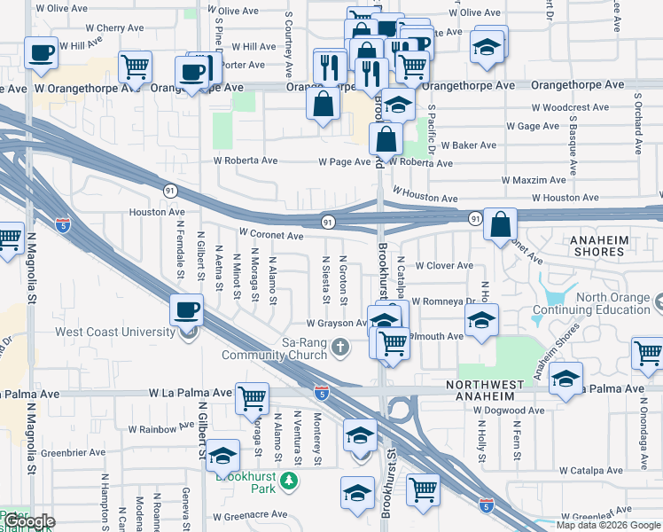 map of restaurants, bars, coffee shops, grocery stores, and more near 1274 North Siesta Street in Anaheim
