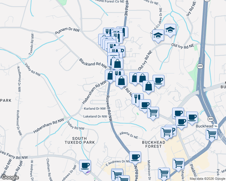 map of restaurants, bars, coffee shops, grocery stores, and more near 3541 Roswell Road Northeast in Atlanta