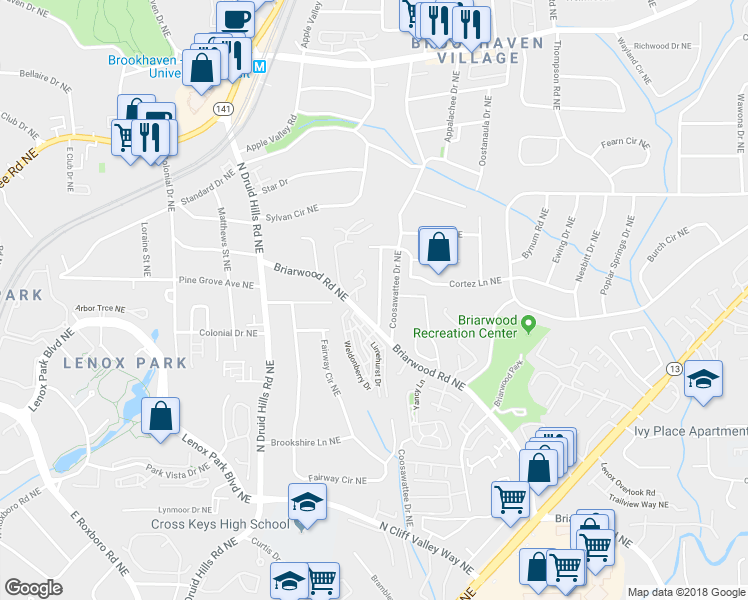 map of restaurants, bars, coffee shops, grocery stores, and more near 2298 Briarwood Hills Drive Northeast in Atlanta