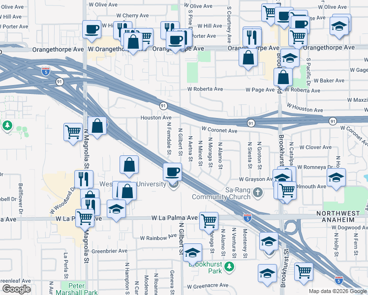 map of restaurants, bars, coffee shops, grocery stores, and more near 1312 N Gilbert St in Anaheim