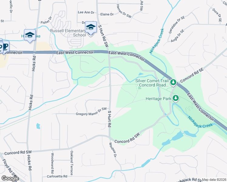map of restaurants, bars, coffee shops, grocery stores, and more near 4205 South Hurt Road Southwest in Smyrna