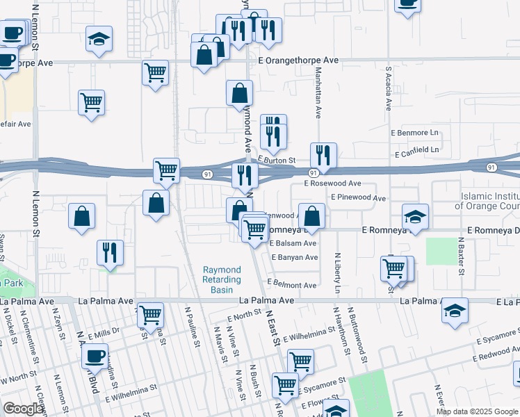 map of restaurants, bars, coffee shops, grocery stores, and more near 1309 North Norwood Street in Anaheim