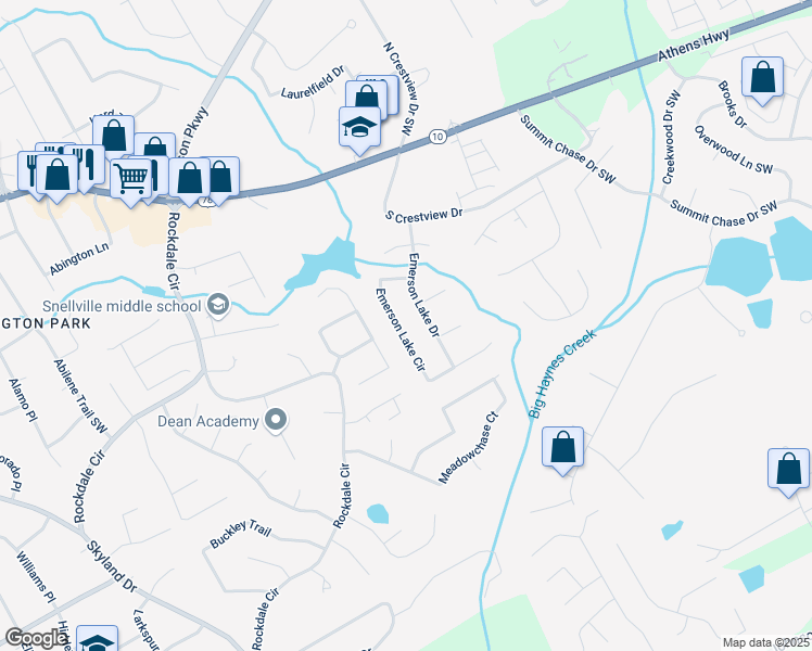 map of restaurants, bars, coffee shops, grocery stores, and more near 1824 Emerson Lake Circle in Snellville