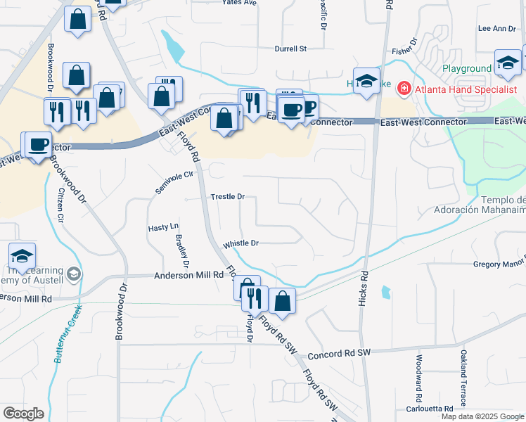 map of restaurants, bars, coffee shops, grocery stores, and more near 1037 Trestle Drive in Austell