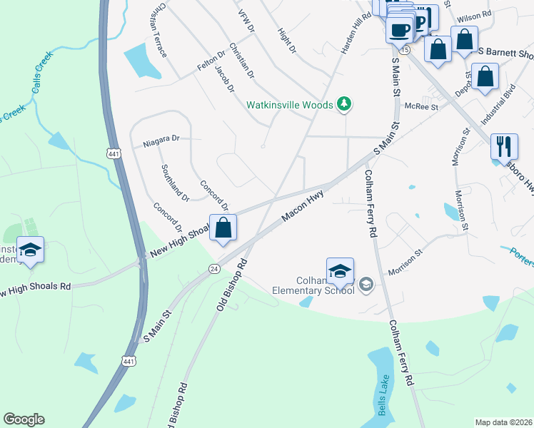map of restaurants, bars, coffee shops, grocery stores, and more near 130 Harden Hill Road in Watkinsville