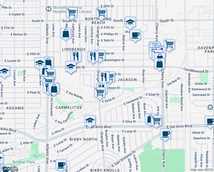 map of restaurants, bars, coffee shops, grocery stores, and more near 1309 East Jackson Street in Long Beach