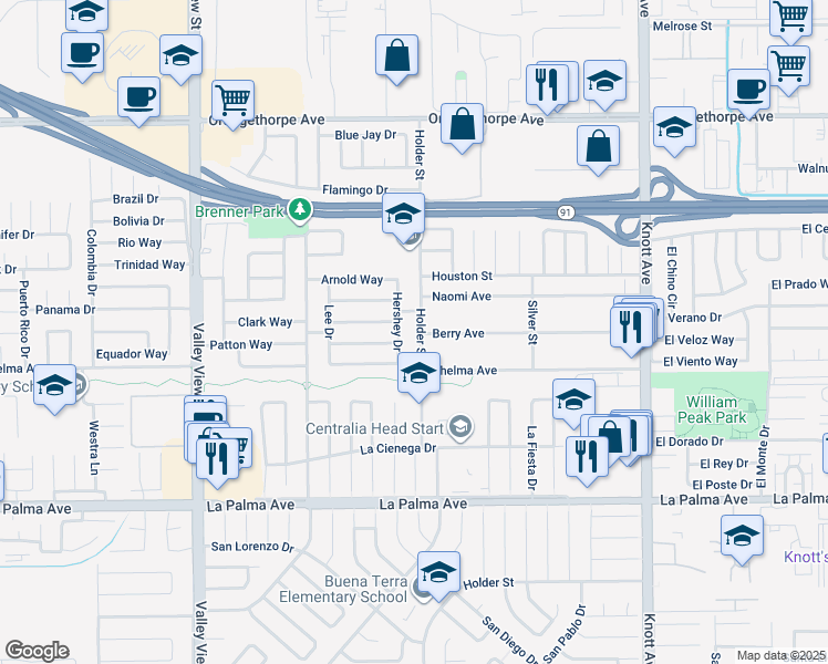 map of restaurants, bars, coffee shops, grocery stores, and more near 7617 Holder Street in Buena Park