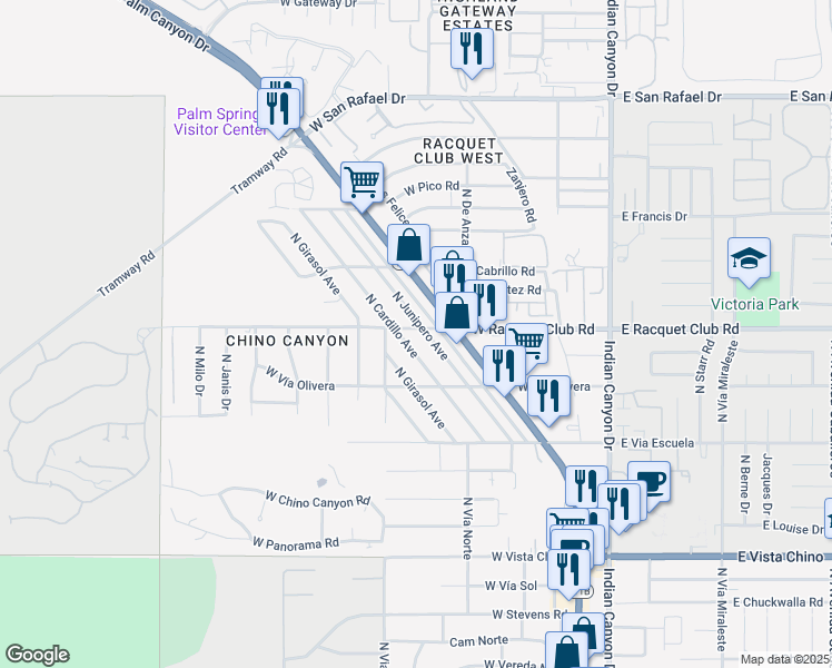 map of restaurants, bars, coffee shops, grocery stores, and more near 2481 North Junipero Avenue in Palm Springs