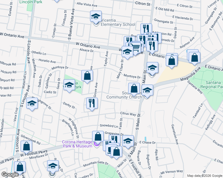 map of restaurants, bars, coffee shops, grocery stores, and more near 536 Rocco Circle in Corona