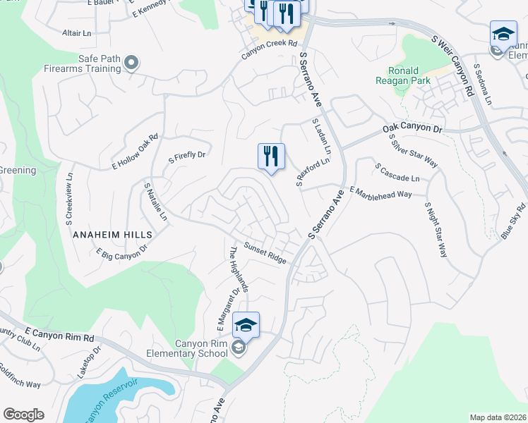 map of restaurants, bars, coffee shops, grocery stores, and more near 7905 East Horizon View Drive in Anaheim