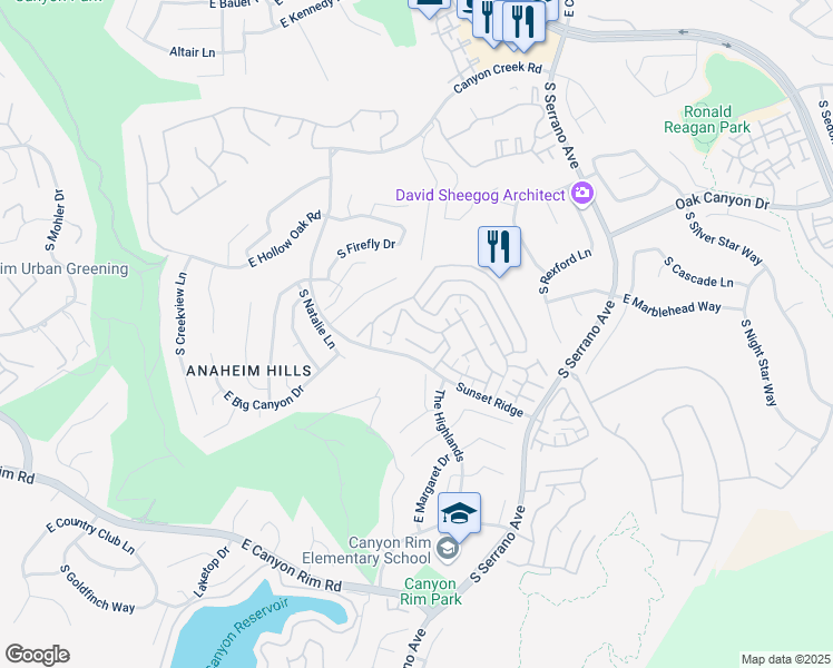 map of restaurants, bars, coffee shops, grocery stores, and more near 7741 East Portofino Avenue in Anaheim