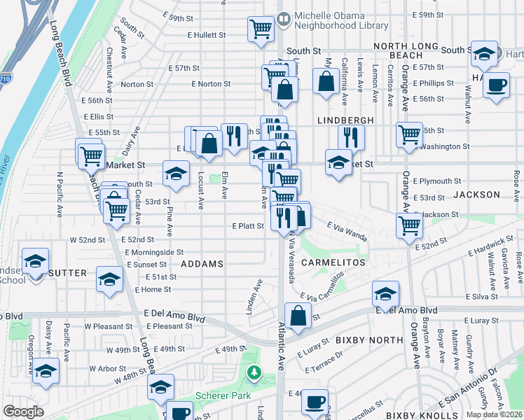 map of restaurants, bars, coffee shops, grocery stores, and more near 487 East Mountain View Street in Long Beach