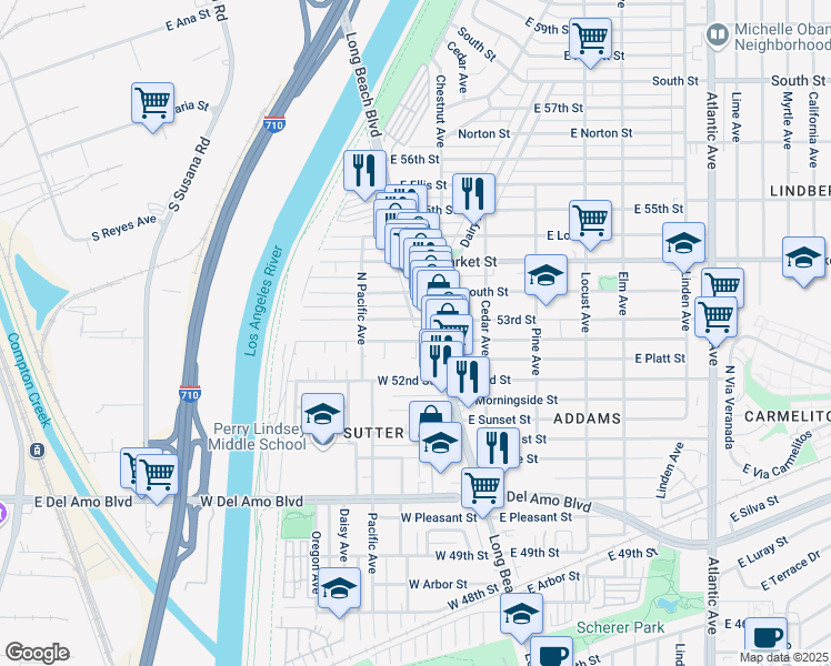 map of restaurants, bars, coffee shops, grocery stores, and more near 27 West Mountain View Street in Long Beach