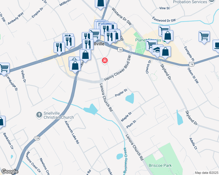 map of restaurants, bars, coffee shops, grocery stores, and more near 2462 Pate Street South in Snellville