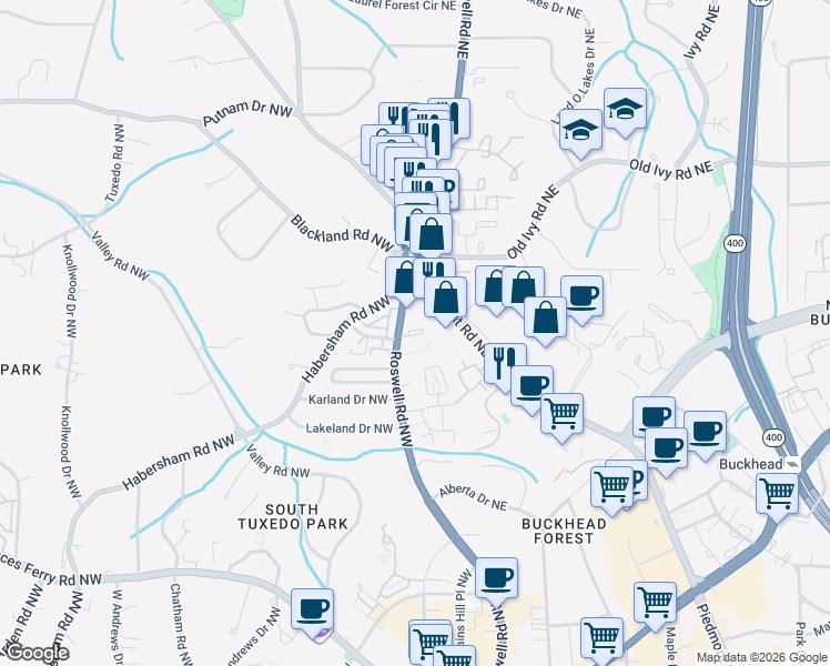 map of restaurants, bars, coffee shops, grocery stores, and more near 3541 Roswell Road Northeast in Atlanta